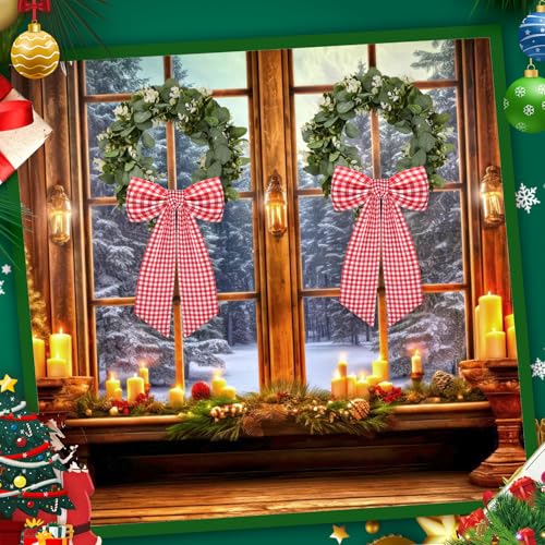2 Pack Wreath Sash for Front Door White and Red Plaid Polyester