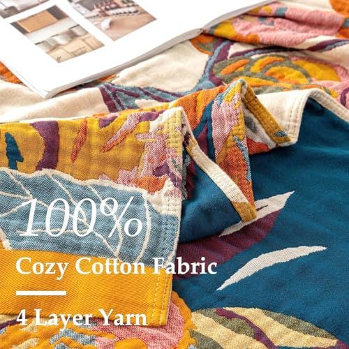 Boho 100% Cotton Throw Blanket 60"x80" - Reversible Floral Jacquard