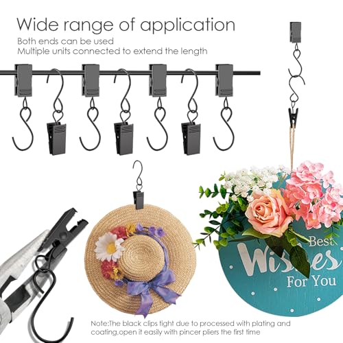 100 Pack Stainless Steel S Hooks with Curtain Clips, 2.4 Inch Black Hangers
