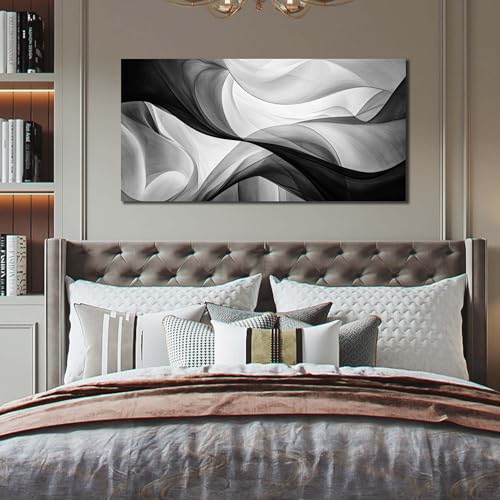 Abstract Minimalist Curve Line Canvas Wall Art, Black and White, 40x20 Inch