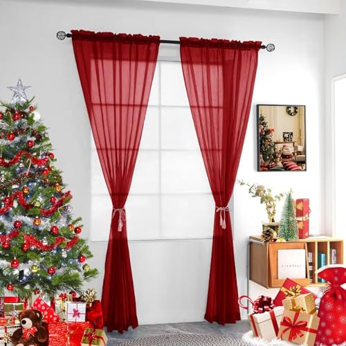 youleyar Christmas Red Sheer Voile Curtain Panels 4 Pack, 52x90 Inch