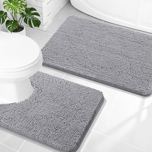 OLANLY 2-Piece Chenille Bathroom Rug Set, Soft Absorbent Bath Mat & Contour Mat, Grey