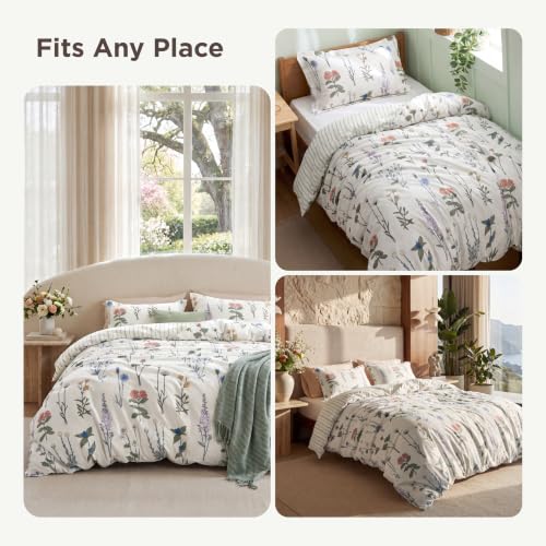 Reversible Floral Queen Duvet Cover Set - 3 Piece Bedding with Corner Ties
