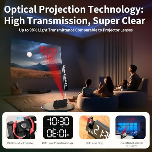 Projection Alarm Clock with Mirror Display, 180° Projector & Dual Alarms
