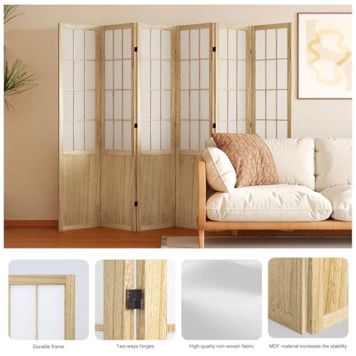 6-Panel Japanese Shoji Wood Room Divider Folding Privacy Screen 67-Inch