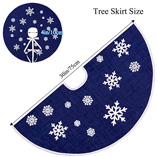 30-Inch Dark Blue Burlap Christmas Tree Skirt with White Snowflakes