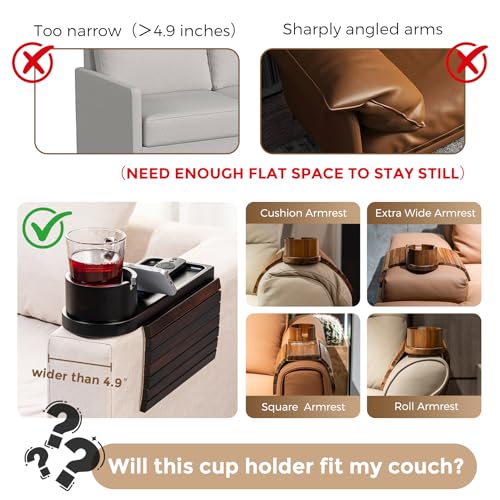 Foldable Bamboo Couch Arm Tray with 360° Rotating Cup Holder & Phone Stand