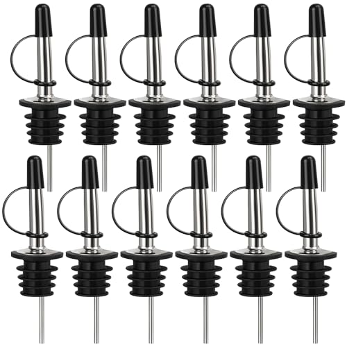 Stainless Steel Liquor Bottle Pour Spouts with Rubber Dust Caps (12 Pack)