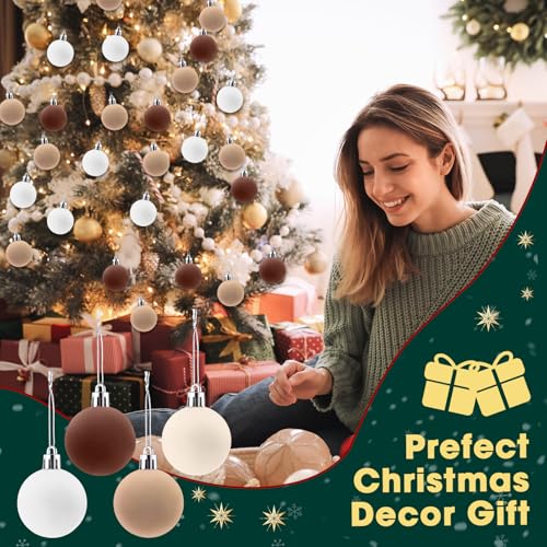 Velvet Christmas Tree Balls Bulk Set 96 Pcs - 1.57 Inch Flocked Ornaments Khaki Apricot Dark Brown White