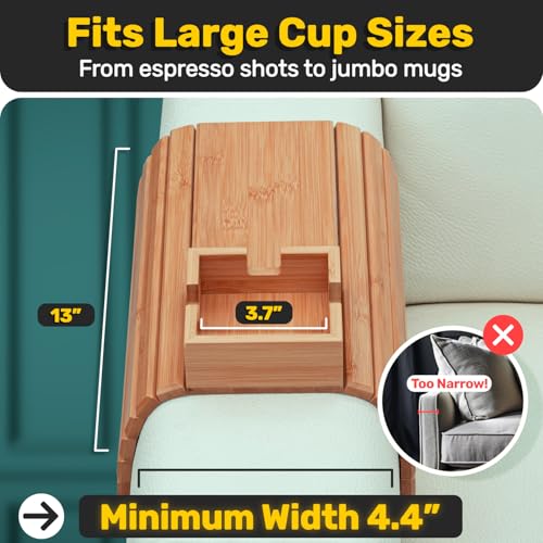 Bamboo Sofa Armrest Tray with Cup Holder for Couch and Recliner
