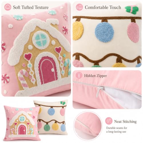 Breling 2 Pack Pastel Christmas Pillow Covers 18x18 inch with 3D Embroidered Designs - Gingerbread & Lights
