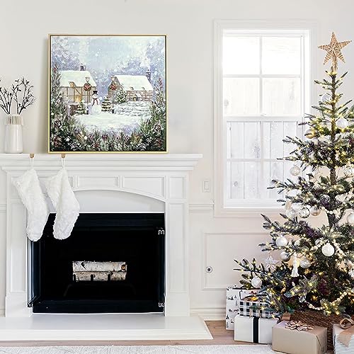 ArtbyHannah Snowy Village Christmas Canvas Wall Art 24x24 Inch, Framed Hand-Painted Holiday Decor