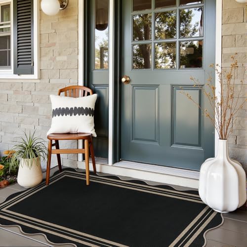 Scalloped Jute-Look 3x5 Area Rug, Non-Slip Washable Indoor Outdoor Mat