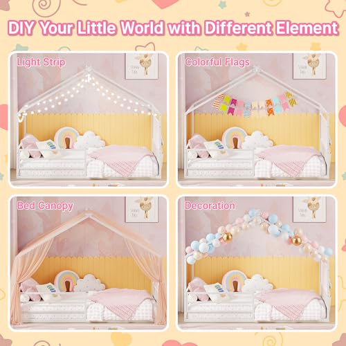 Twin Montessori House Bed Frame with Storage Caddy and Pegboard, White