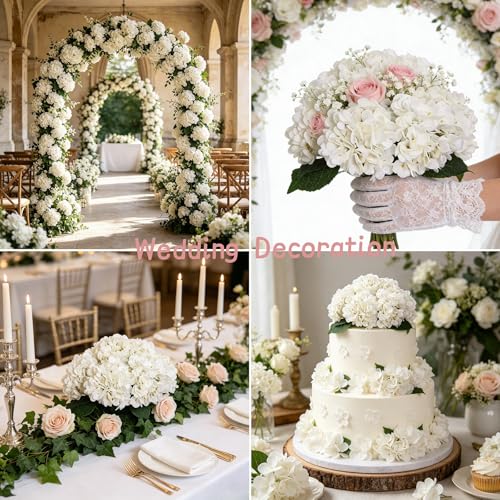 White Silk Artificial Hydrangea Flowers with Stems - Set of 6, 17.7"