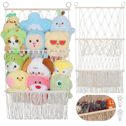 2-Tier Boho Macrame Stuffed Animal Storage Net – Large Plushie Wall Organizer