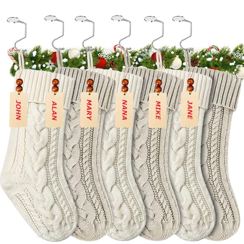 Large 18 Inch Christmas Stockings Set with Personalized Name Tags & Metal Holders - White and Khaki