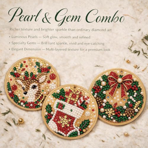 DIY Pearl Diamond Art Ornaments Set - 6 Wooden Holiday Decorations with Pearls & Gems