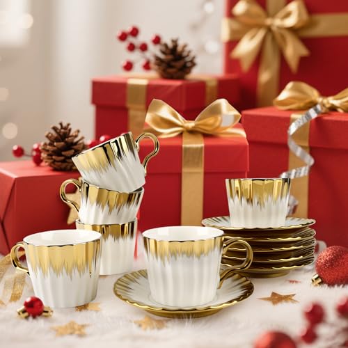 Hebaogugu Gold Trim Espresso Cup Set of 6 3.5 OZ Ceramic Turkish Coffee Cups with Saucers - 01/100ml
