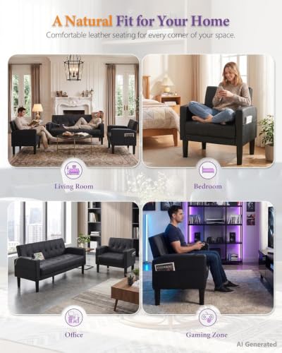 Modern PU Leather Loveseat and Chair Set with USB Charging and Cup Holders