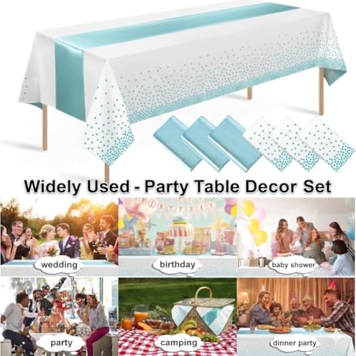 8Pack Disposable Plastic Tablecloths and Satin Table Runner Set - Wedding Party Decor H