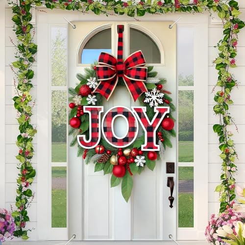Christmas Door Cover Bow Buffalo Plaid 35x71 Inch Polyester Decor