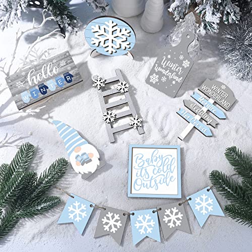 Yalikop 12-Piece Winter Tiered Tray Decor Set with Snowflake / Gnomes Style (Blue Gray) – Wood Signs