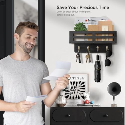 Rustic Wood Wall-Mounted Key and Mail Holder with 4 Hooks