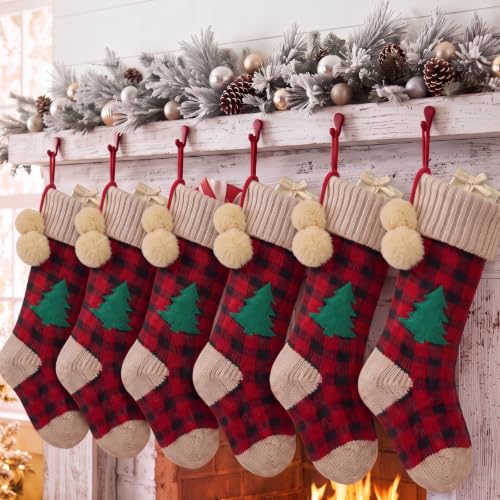 6-Pack Red Black Knit Christmas Stockings with Pom-Poms & Green Tree Patch - 17 Inch Holiday Decor