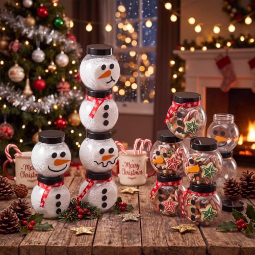 Jingmore 100 Pcs Christmas Snowman Candy Jars with Snowflake Red Ribbon - Holiday Treat Storage