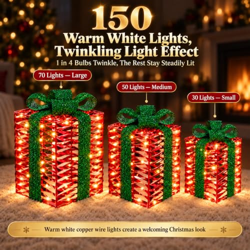 Christmas Lighted Gift Boxes Set of 3 with Warm White LED Lights - Holiday Decor