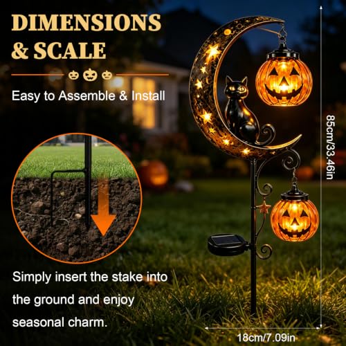 Solar Halloween Black Cat & Pumpkin Moon Stake Light - Metal Yard Decor