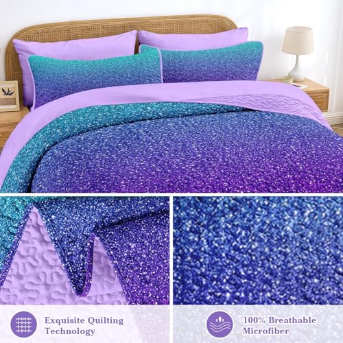 7-Piece Ombre Queen Quilt Bedding Set, Soft Lightweight Teal Coverlet