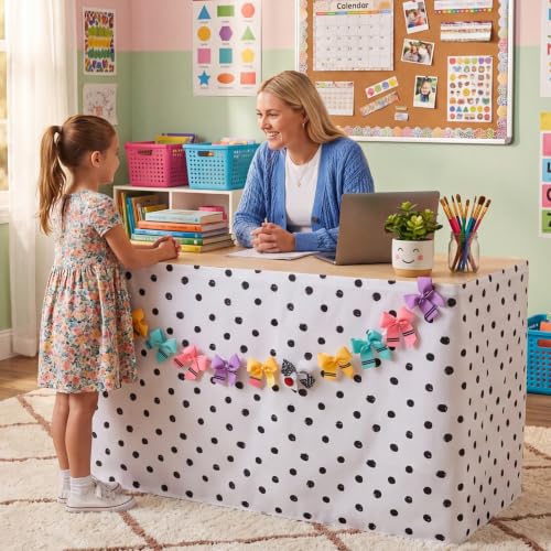Polka Dot Desk Skirt Set with Rainbow Bow Garland, 6ft Classroom Table Decor
