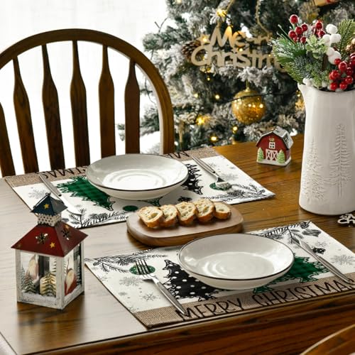 Artoid Mode Green Pine Trees Christmas Placemats Set of 4, 12x18 Inch Holiday Table Decor