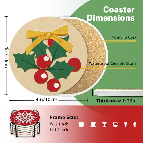 Christmas Socks Drink Coasters Set of 6 with Holder - Holiday Table Decor
