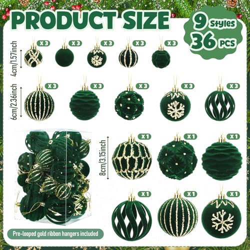 36 Pcs Hunter Green Velvet Christmas Ornaments Set - Flocked Ball Ornaments 1.57in-3.16in with 9 Shapes