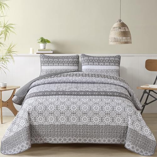 Queen Size Grey Floral Striped Quilt Set - 3 Pieces