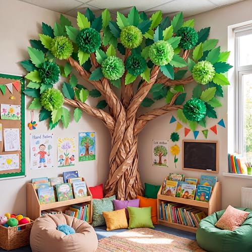 114-Piece 3D Classroom Tree Bulletin Board Set with Paper Leaves and Pom Poms