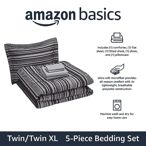 5-Piece Lightweight Microfiber Comforter & Sheet Set, Gray Striped Twin/Twin XL