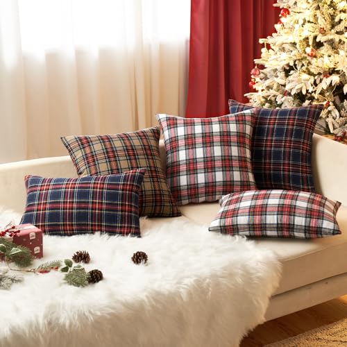 EMEMA Khaki Tartan Plaid Christmas Throw Pillow Covers 20x20 Inch Set of 2 Farmhouse Decor