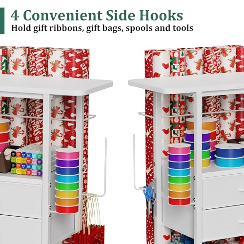 Rolling Gift Wrapping Paper Storage Cart with Fabric Drawers and Hooks