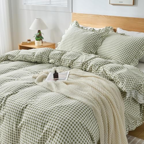 Sage Green Gingham Duvet Cover Set Queen, 3-Piece Soft Microfiber Ruffle Bedding
