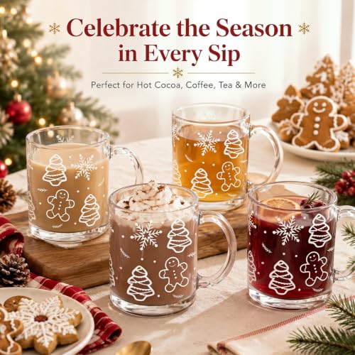 LemonRoad 4 Pcs Christmas Glass Coffee Mugs 12 oz Gingerbread Cups - Variation: 4 / Christmas
