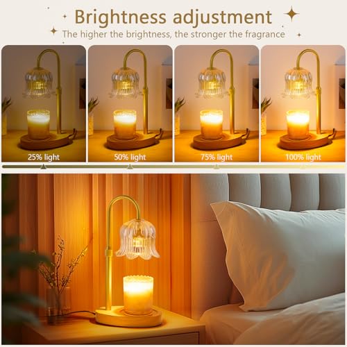 Dimmable Electric Candle Warmer Lamp with Timer - Amber Glass Flower Shade