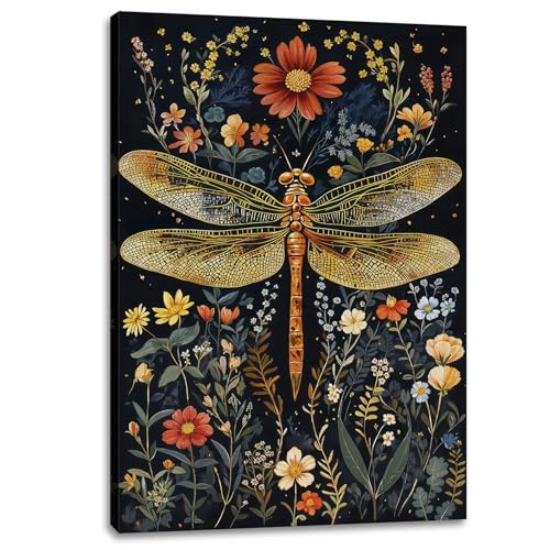 FENNIDICE 24x36 Vintage Botanical Dragonfly Wall Art Framed Navy