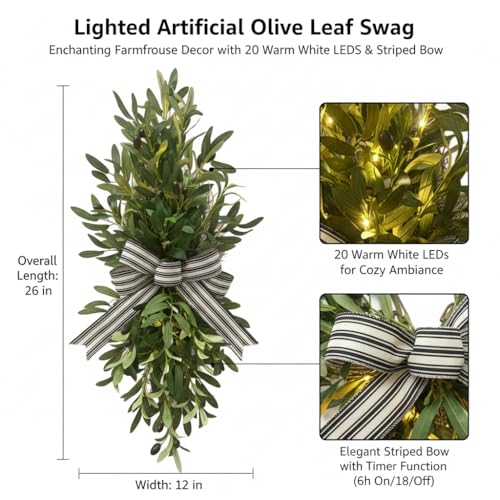 26-Inch Lighted Olive Leaf Swag with Timer and Striped Bow