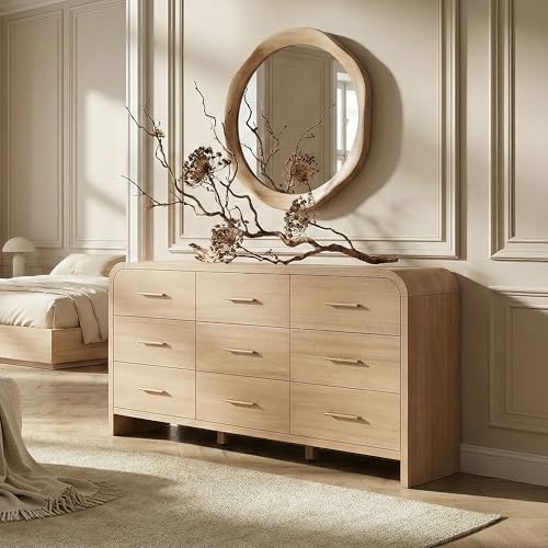 63-Inch Curved 9-Drawer Dresser, Modern Gray Oak Chest of Drawers