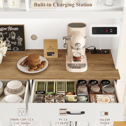 75" Tall Kitchen Pantry Cabinet with Charging Station and LED Lights