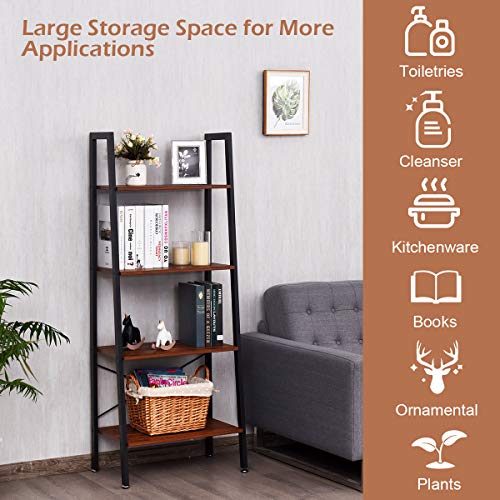 4-Tier Industrial Ladder Shelf - Rustic Brown Wood & Metal Bookshelf